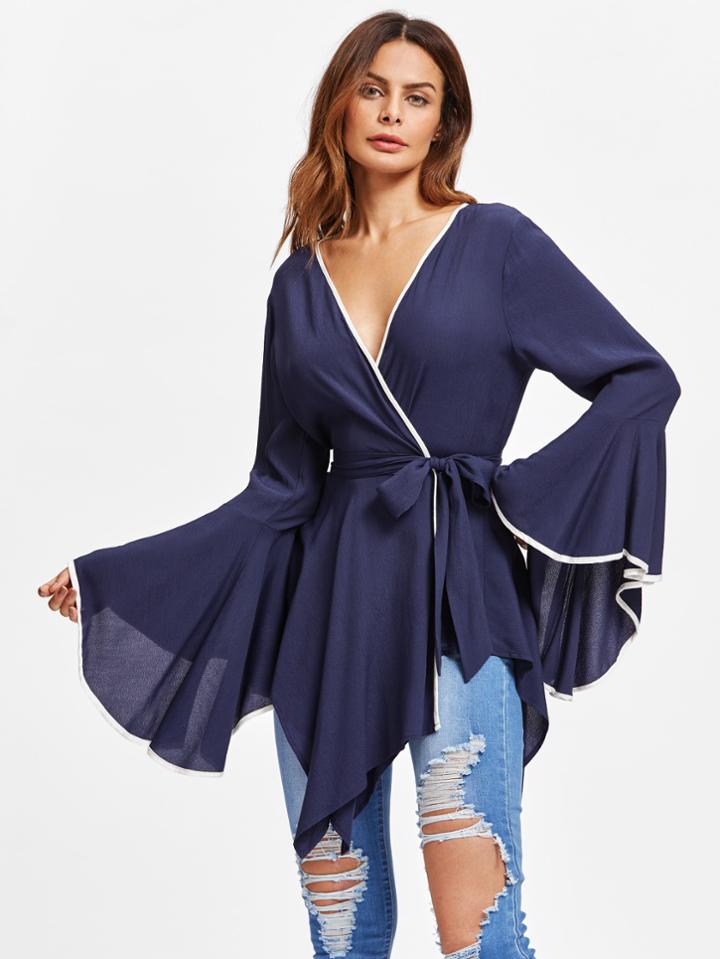 Romwe Contrast Binding Drama Sleeve Hanky Hem Wrap Top