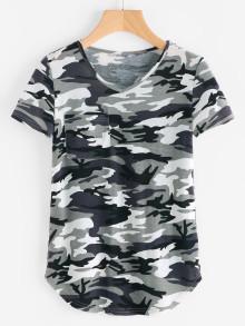 Romwe Curved Hem Camo T-shirt