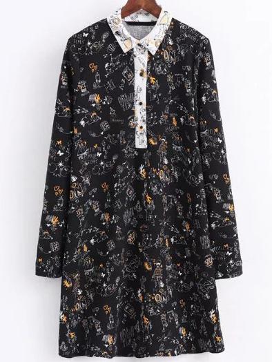 Romwe Black Cartoon Print Contrast Collar Shirt Dress