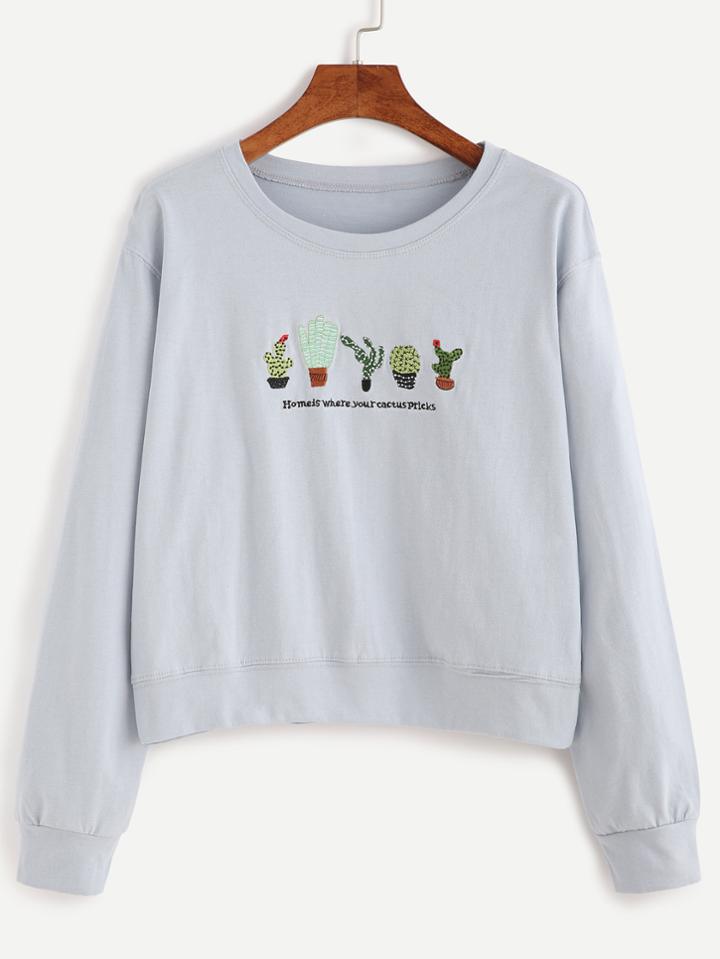 Romwe Pale Blue Cactus Embroidery Sweatshirt