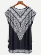 Romwe Navy Ornate Print Longline T-shirt