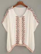 Romwe White Tassel Tie Neck Embroidered Crinkle Blouse