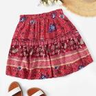 Romwe Plus Floral Print Shirred Waist Skirt