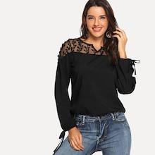 Romwe Embroidered Mesh Yoke Drawstring Cuff Blouse