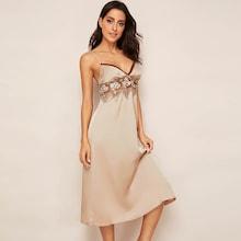 Romwe Floral Embroidered Lace Insert Satin Cami Dress