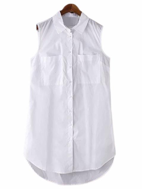 Romwe White Sleeveless Buttons Pockets Blouse