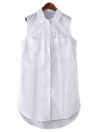 Romwe White Sleeveless Buttons Pockets Blouse