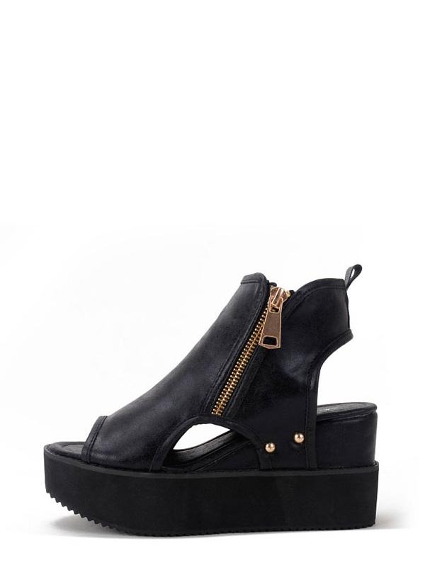Romwe Black Peep Toe Zipper Cutout Thick-soled Wedges