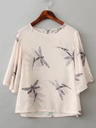 Romwe Dragonfly Print Bell Sleeve Top