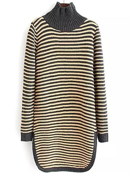 Romwe Turtleneck Striped Slit Yellow Sweater Dress