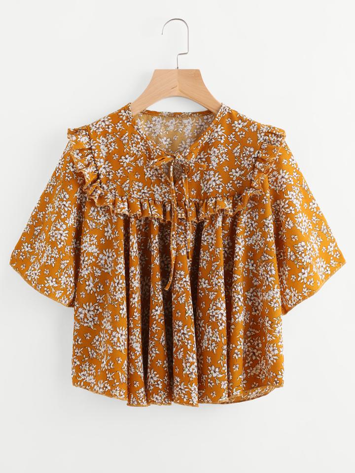 Romwe Calico Print Frill Trim Smock Blouse