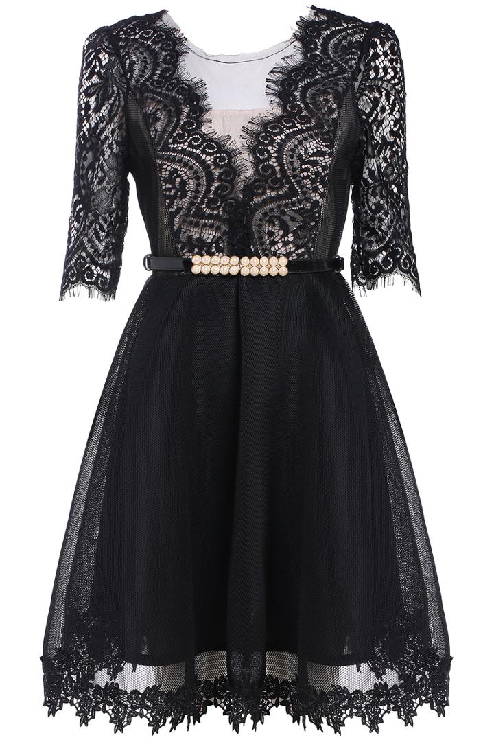Romwe Lace Sheer Mesh Bead Dress