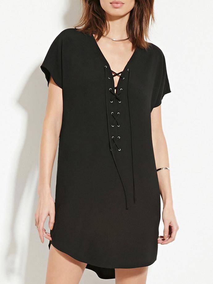 Romwe V Neck Lace Up Dress