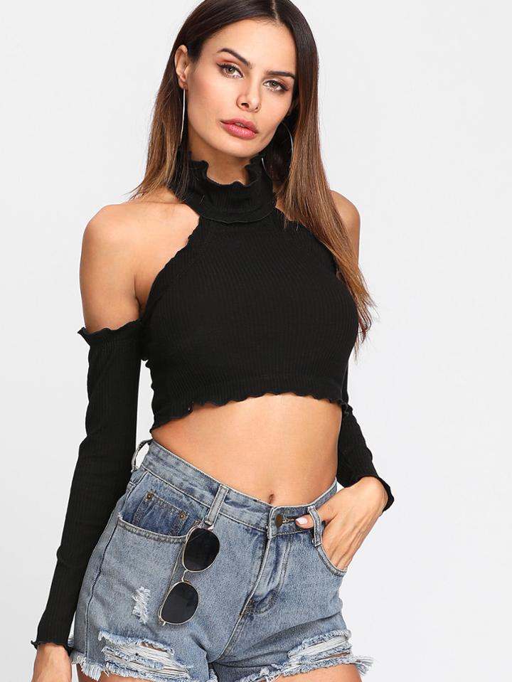 Romwe Frill Trim Cold Shoulder Crop Tee