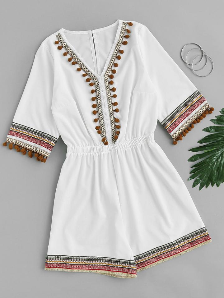 Romwe V Neckline Embroidered Taped Pompom Trim Romper