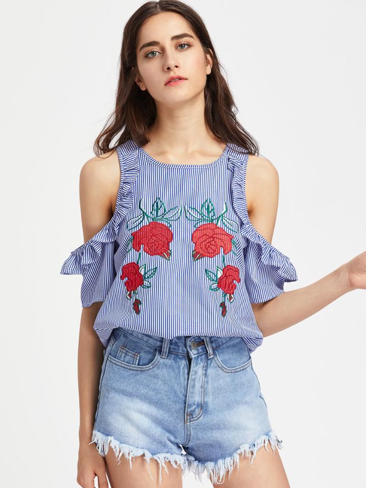 Romwe Frill Open Shoulder Rose Embroidered Striped Top