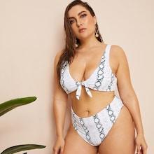 Romwe Plus Snakeskin Knot Top With High Waist Bikini