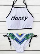 Romwe Graphic Print Contrast Trim Halter Bikini Set