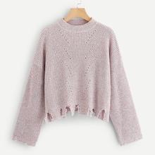 Romwe Eyelet Detail Raw Hem Sweater