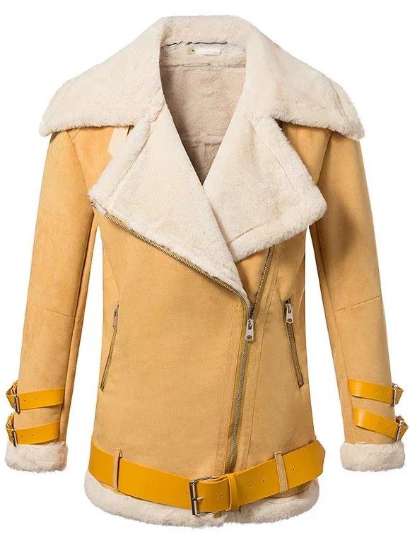 Romwe Yellow Lapel Oblique Zipper Faux Shearling Coat With Belt