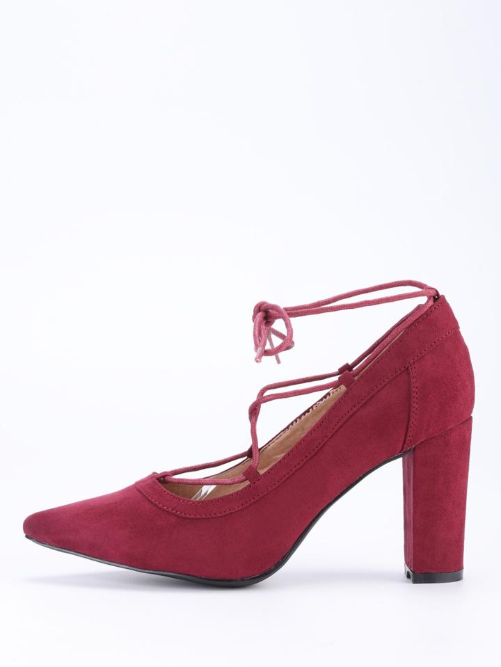 Romwe Faux Suede Lace-up Pointed Toe Heels - Burgundy
