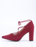 Romwe Faux Suede Lace-up Pointed Toe Heels - Burgundy