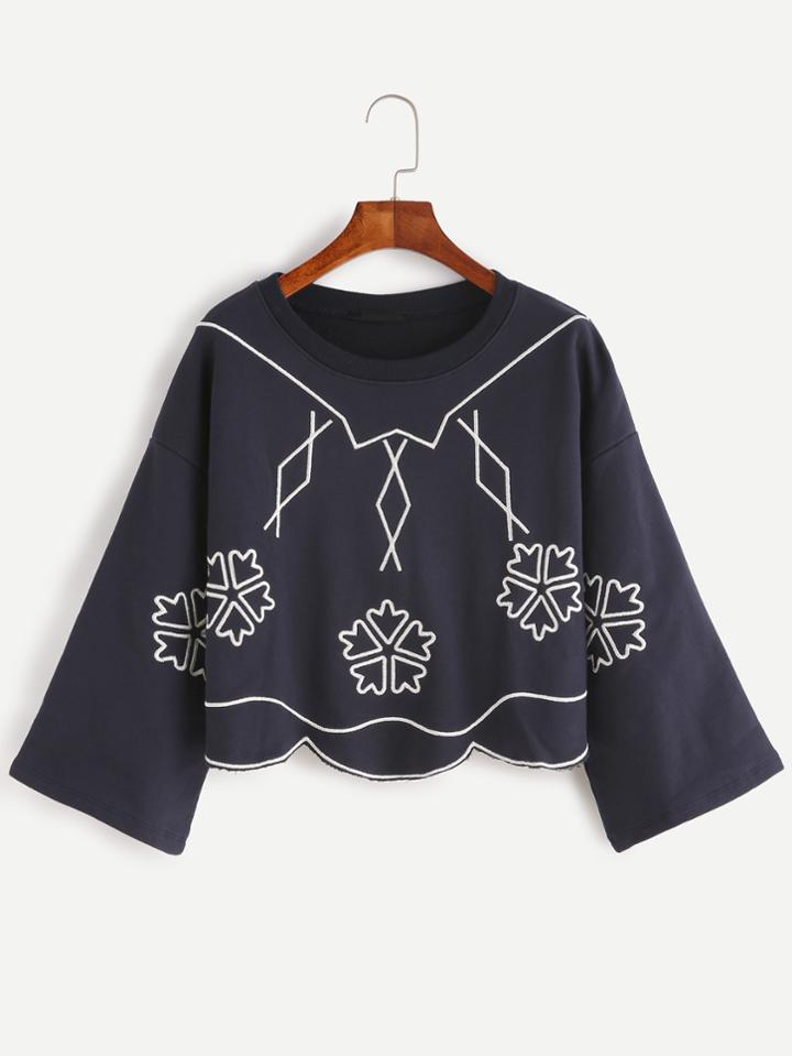 Romwe Navy Drop Shoulder Embroidered Scalloped Trim T-shirt