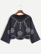 Romwe Navy Drop Shoulder Embroidered Scalloped Trim T-shirt