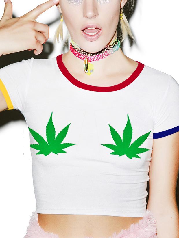 Romwe Contrast Trim Maple Leaf Print White Crop Top