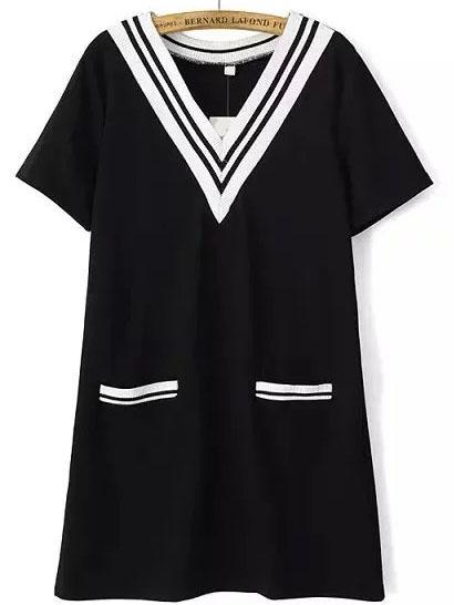 Romwe Striped Rib V-neck Dual Pockets Black Dress