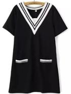 Romwe Striped Rib V-neck Dual Pockets Black Dress