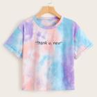 Romwe Tie Dye Slogan Print Rolled Cuff Tee