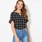 Romwe Keyhole Neck Ruffle Overlap Sleeve Grid Top
