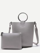Romwe Grey Pebbled Pu Metal Ring Shoulder Bag With Clutch