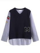 Romwe Pinstripe V Neck High Low Patches 2 In 1 Blouse