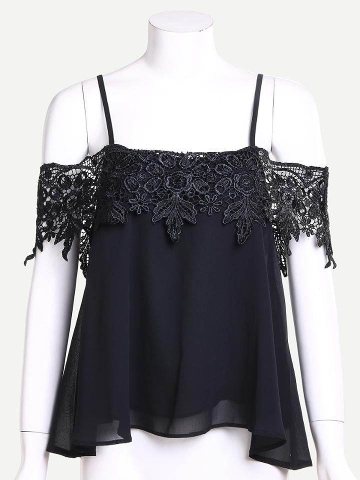Romwe Black Cold Shoulder Lace Applique Chiffon Top