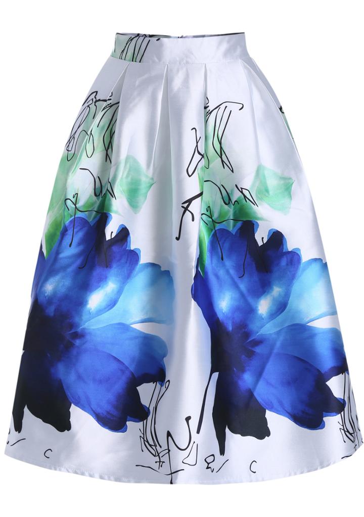 Romwe With Zipper Flower Print Flare Skirt