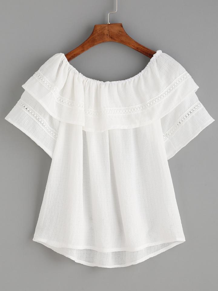 Romwe White Lace Insert Ruffle Dip Hem Top