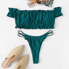 Romwe Off The Shoulder Ruched High Leg Bikini Set