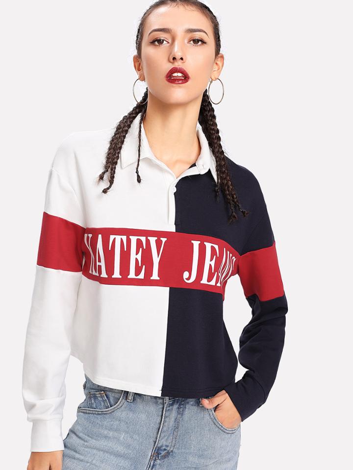 Romwe Collared Color Block Sweatshirt