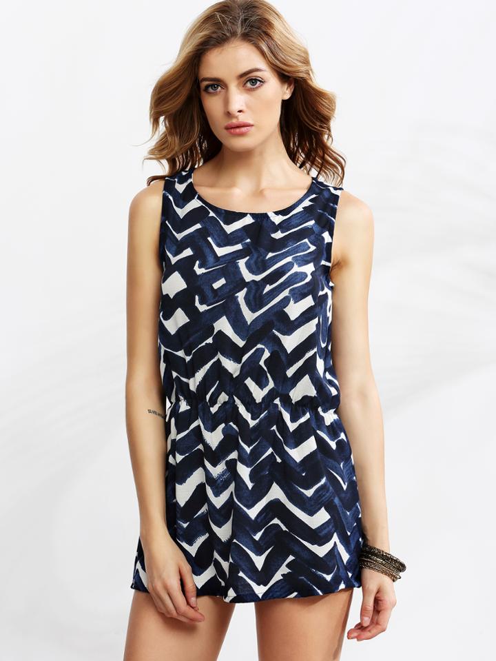 Romwe Blue Print Elastic Waist Tank Dress