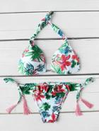 Romwe Tropical Print Frill Trim Tassel Tie Bikini Set