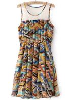 Romwe Multicolor Sheer Mesh Geometric Print Pleated Dress