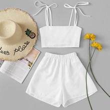 Romwe Tie Strap Crop Top With Shorts