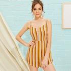 Romwe Buttoned Detail Shirred Back Striped Cami Romper