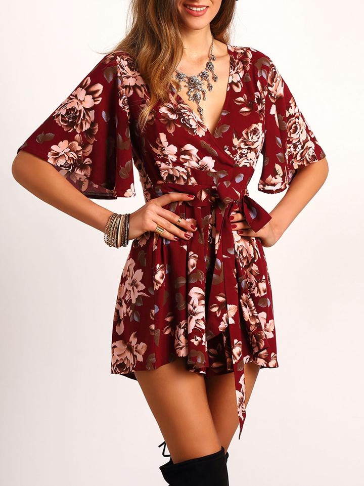 Romwe Red V Neck Floral Tie Waist Jumpsuit
