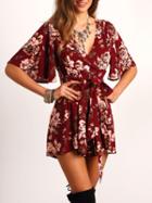 Romwe Red V Neck Floral Tie Waist Jumpsuit