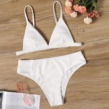 Romwe Plunge Top With Textured Bikini Set