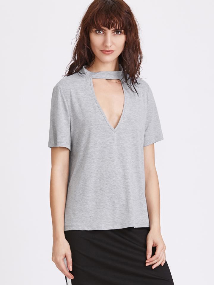 Romwe Grey V Neck Choker T-shirt