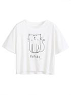 Romwe White Cat Print Short Sleeve T-shirt